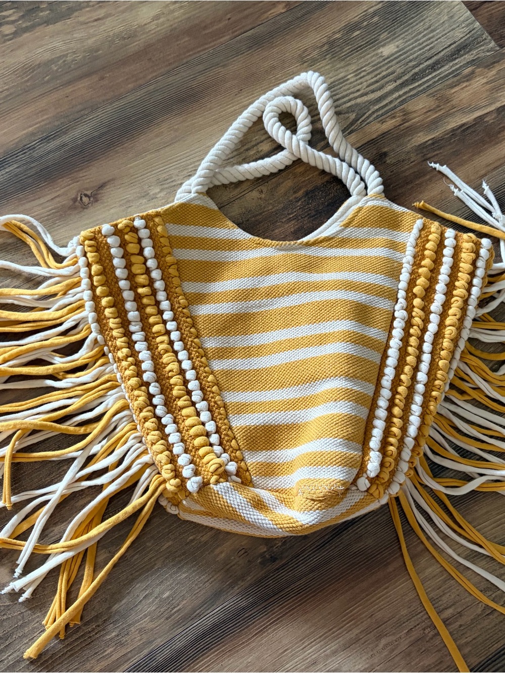 Yellow & White Striped Fringe Tote Bag